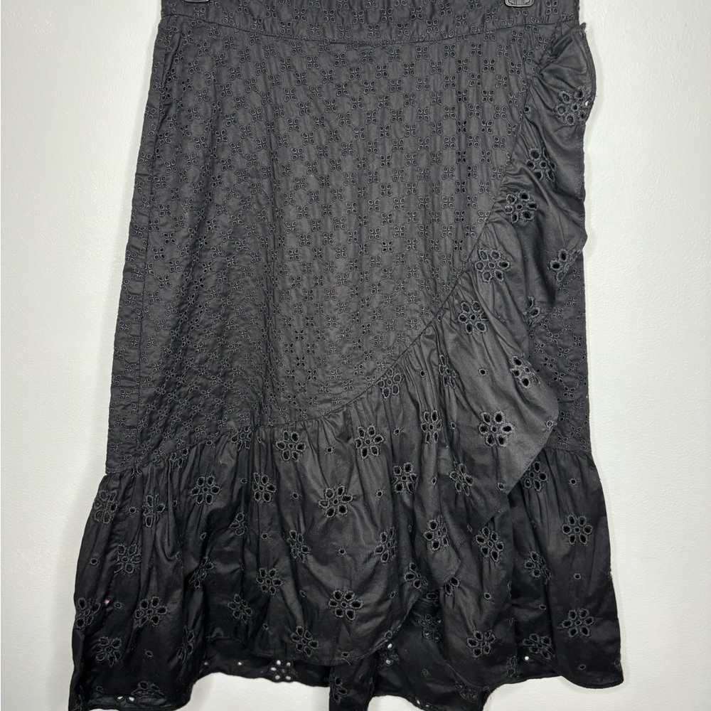 LOFT Black Eyelet Midi Skirt with Ruffle Detail